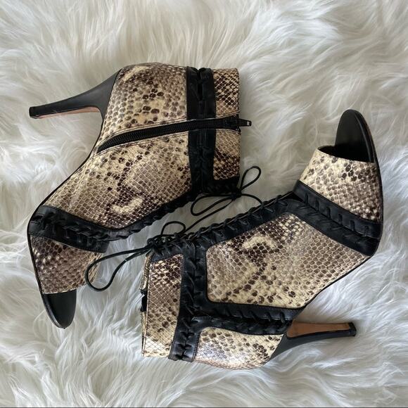 Cynthia Vincent | Magan Lace-Up Snake Embossed Leather Booties Stiletto Peep Toe - Picture 3 of 11